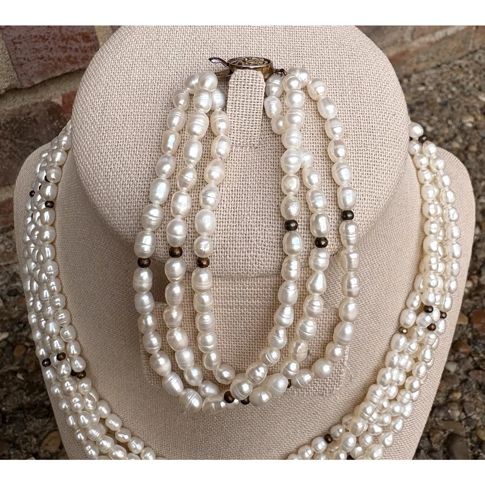 Vintage Faux White Pearl Gold Accent Jewelry Set 5 Strand Necklace‎ & Bracelet